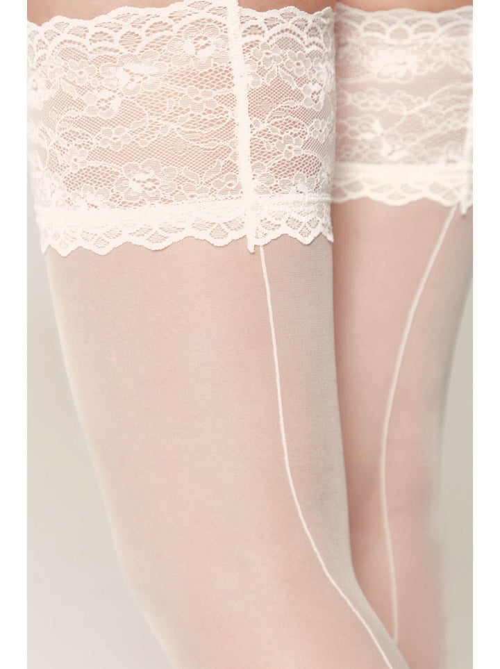 DELUXE 20 - Sleek Sheer Stockings with Wide Lace Band and Seam Effect - IDEALINE INC.